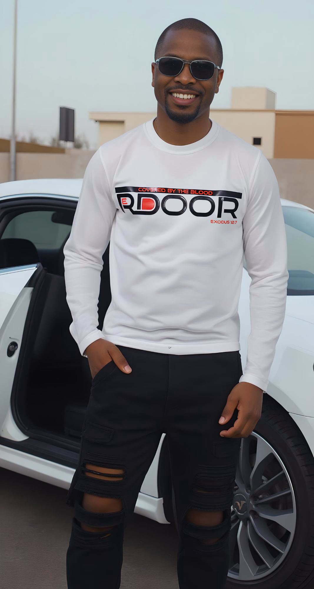 New "Covered By The Blood" Exodus 12:7 Unisex RedDoor White Long Sleeve T-shirt (Pre-Order)